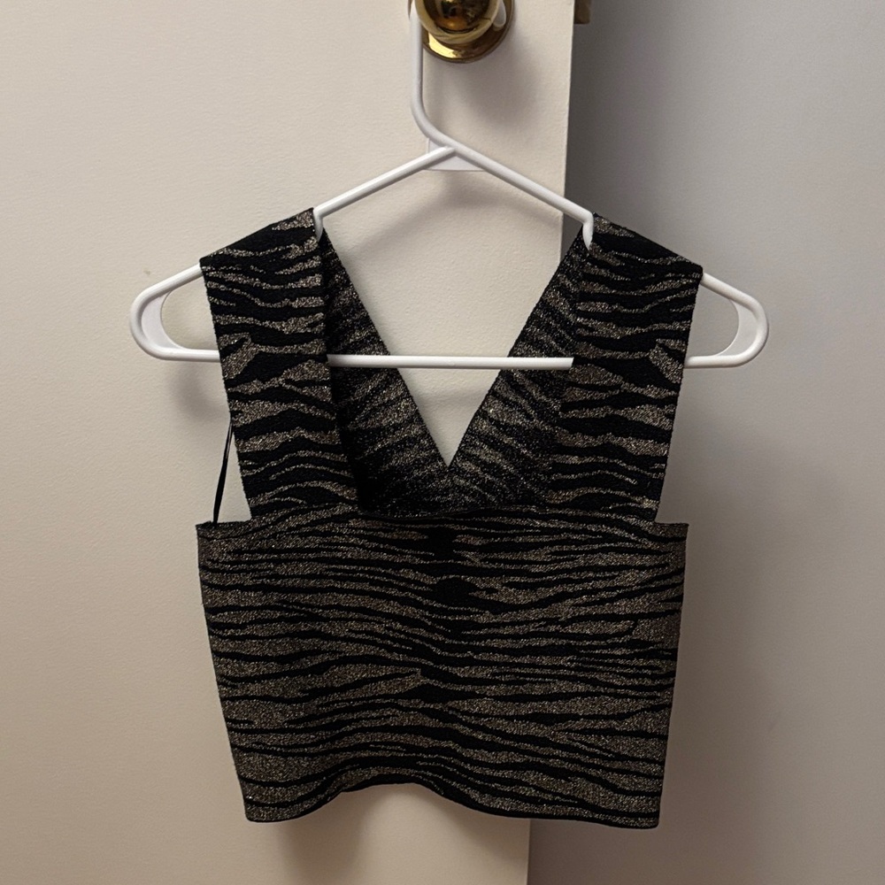 A.L.C. Glitter Zebra V-Neck Crop Top - Black & Gold